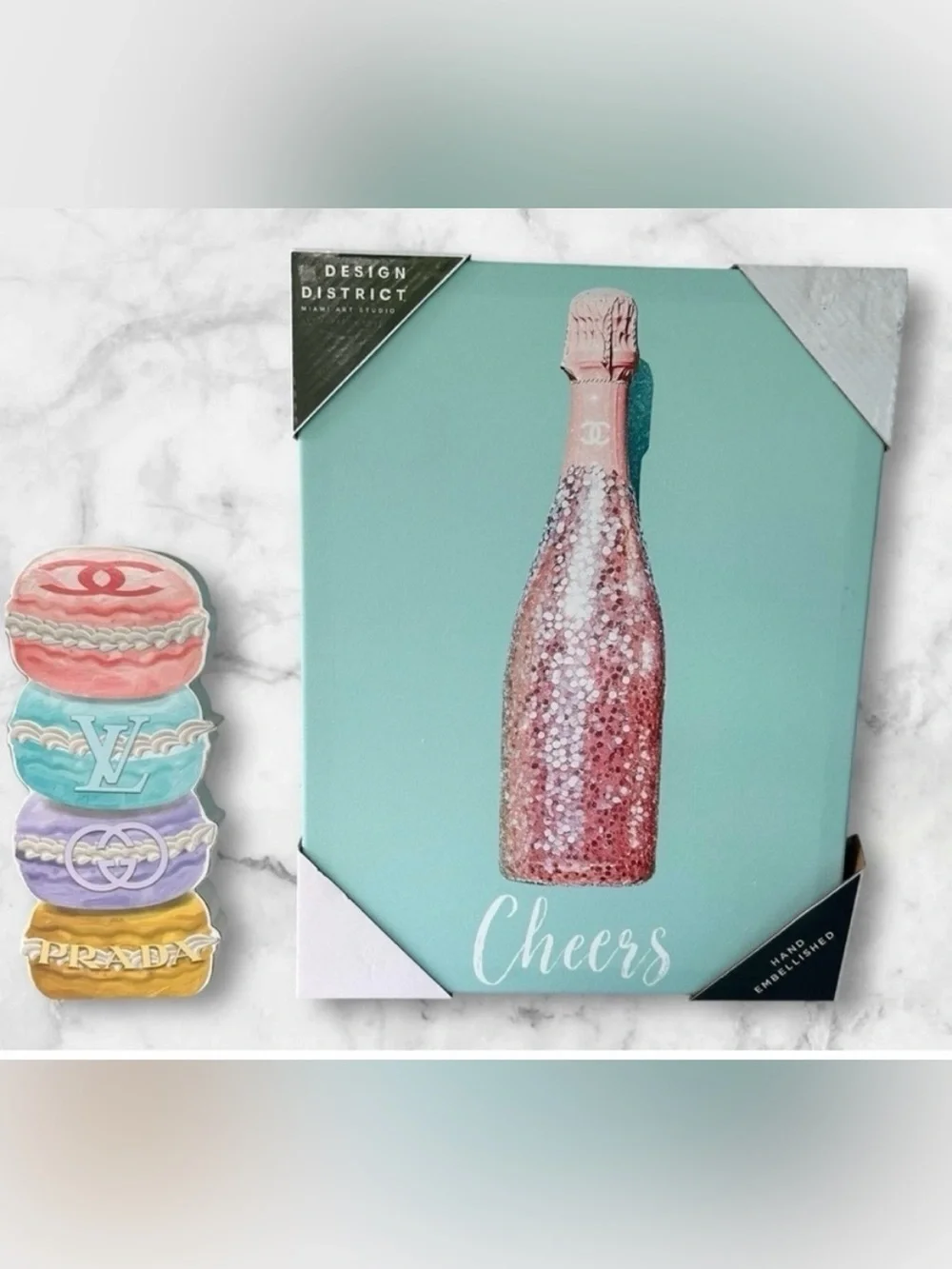 NEW!District Cheers Canvas Art - Chanel Pink & Green Wine Bottle-Wood Doughnut